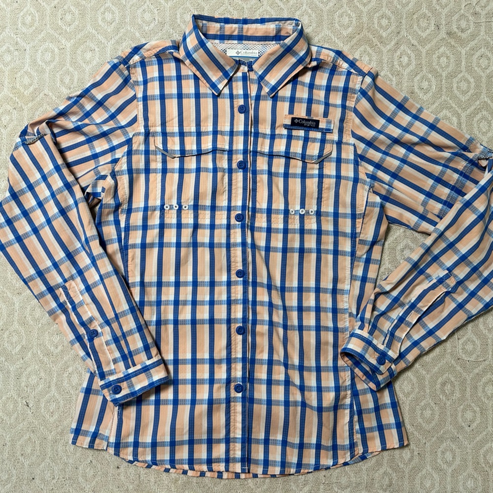 Columbia Blue and Pink Plaid Casual Shirt